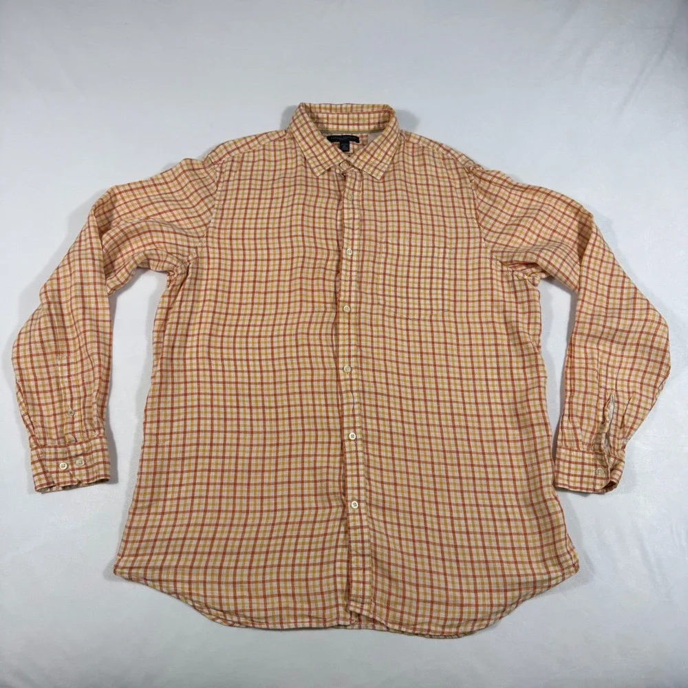 Banana Republic Classic Men's XL Orange White‎ Check 100% Linen Shirt